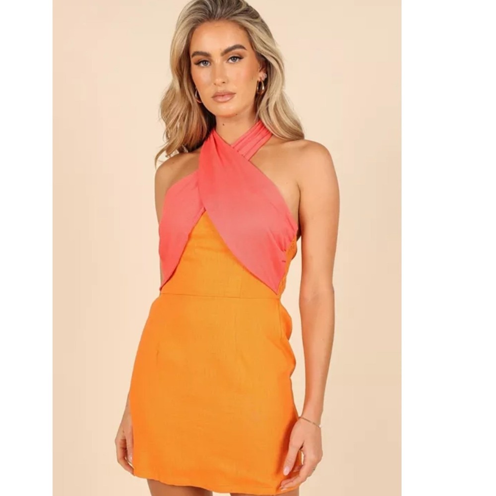 Petal & Pup Mini Dress Womens 4 Orange Pink Sundress Festival Halter Neck Mini